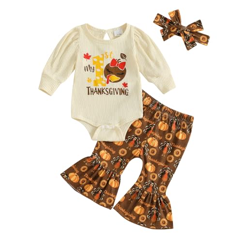 Xnqiwq My First Thanksgiving Baby Girl Outfit Newborn Turkey Romper Pumpkin Bell Bottoms Flare Pants Set 3Pcs Fall Clothes