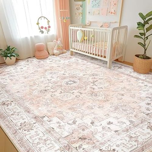 Machine Washable 8x10 Area Rugs for Living Room Vintage Carpet Non Slip Low Pile Water Repellent Soft Print Pattern for Bedroom Indoor Decor Polyester Rug Pink