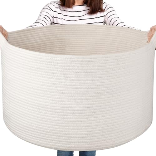 OIASKET Large Woven Baskets for Storage, 22.8" x 22.8" x 13" Blanket Basket Living Room, Baby Toy Storage Basket, Big Laundry Basket for Clothes, Pillows, Towels, Shoe Basket for Entryway (White)