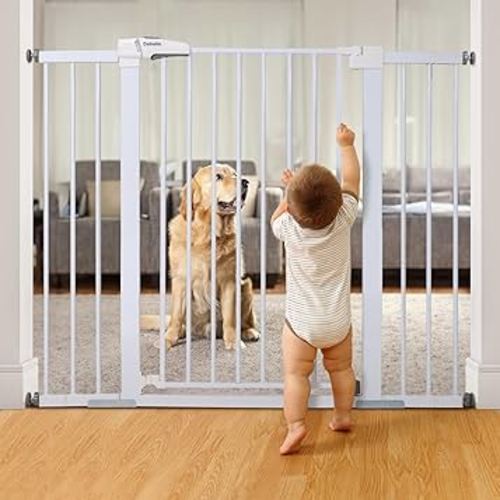 Mom's Choice Award Winner-BABELIO 36 Inch Extra Tall Metal Baby Gate, Pressure Mounted Dog Gate for Stairs, Doorways & Hallway, Easy Walk Thru Pet Gate, Child Gate with 2*Y Spindle Rods,White