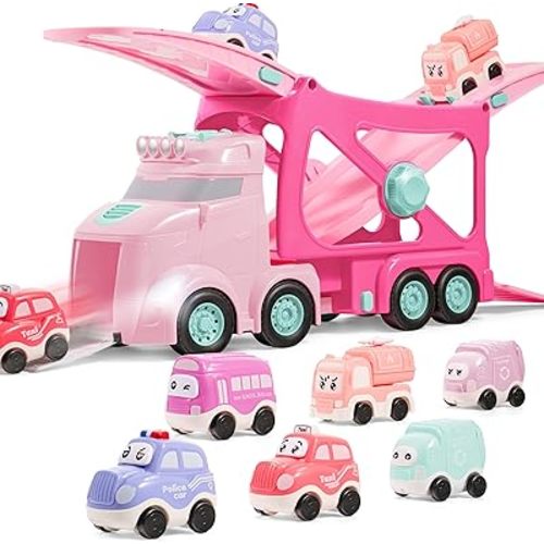 3-Layer Extra Large Princess Pink Truck Toys for Girls, 7-in-1 Big Transport Vehicle Carrier Truck with Directional Tracks, Siren & Lights, 6 Cars, Chrismas Birthday Gifts for 3+ Years Old