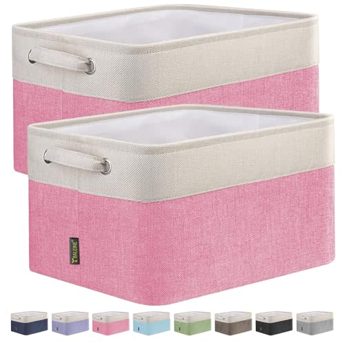 BALEINE 2 Pack Fabric Storage Bins for Shelves, Linen Storage Baskets for Organizing, Decorative Closet Bins for Clothes, Home (Pink, 15''x11''x9.5'')