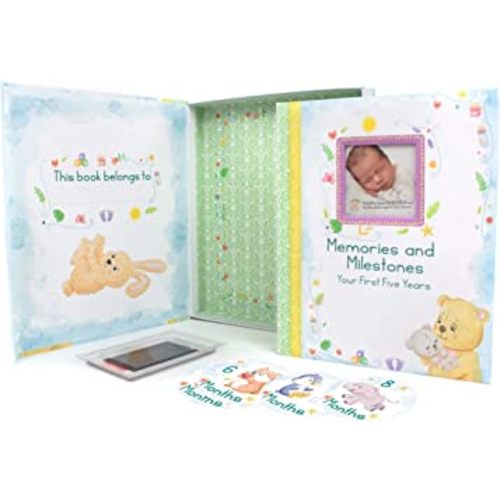 Keepsake Artistry 5 Year Baby Memory Book-Decorative Box-Clean Ink Pad -Monthly Anniversary Stickers-Keepsake Envelope-Boy-Girl Gender Neutral – Designed for all families-96-page watercolor