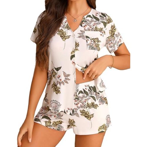 Anjue Pajamas for Women Soft Button Up Pajama Set Short Sleeve Shirt and Pajama Pants Lounge Sets S-XXL