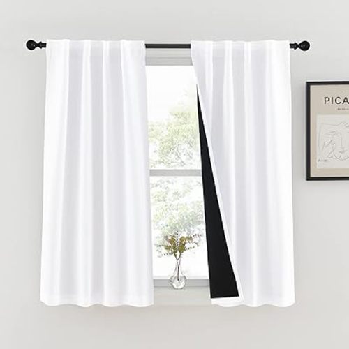 NICETOWN Cold Reducing 100% Blackout Small Window Curtain Panels, Drapes with Black Liner, 45 Inches Drop Thermal Insulated Draperies for Cafe (White, 2 Pieces, 37 inches Wide Each Panel)