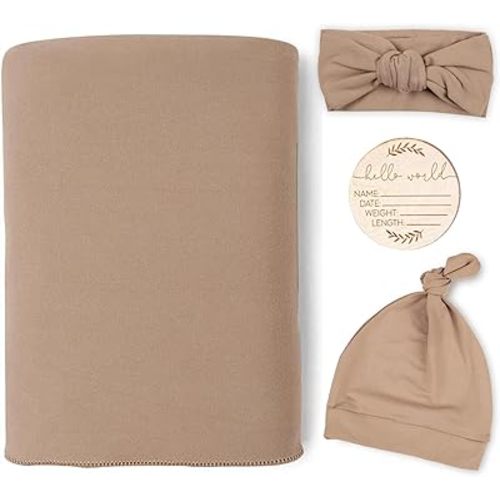 TANOFAR Paquete de 4 mantas para recién nacidos para bebés niñas y niños, mantas de recepción ultra suaves con diadema y gorro a juego (marrón)