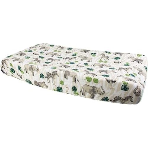 Bebe au Lait Premium Muslin Changing Pad Cover - Elasticized Fit, Safety Strap Holes, 2-Layer Open-Weave, 100% Cotton Muslin, Fits Standard Baby Changing Pad up to 36" X 18" X 6"- One Size, Jungle
