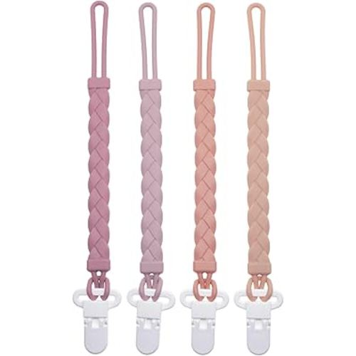 Silicone Pacifier Clips Baby Boys Girls, 4-Pack Flexible Woven Rope Braided Pacifier Clip Holder for Teething Relief and Baby Essentials, Newborn Paci Binky Clips (Girl's Color)