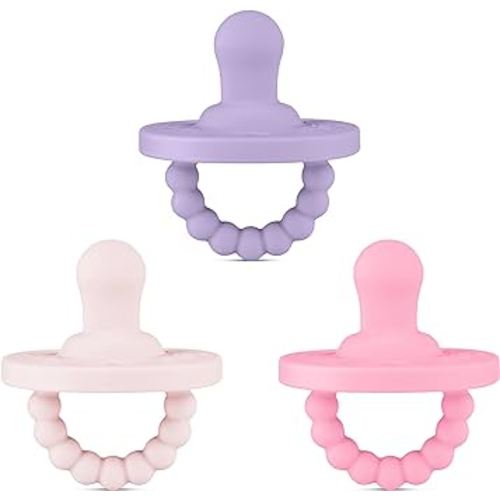 Ryan & Rose Cutie PAT All-in-One Pacifier and Teether Massaging Teething Ring and Hideaway Binky for Growing Babies (Bliss (3 Pack), Flat)