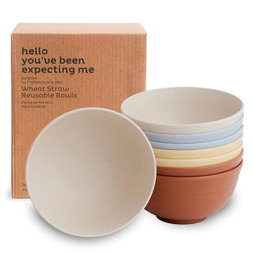 Nook Theory Reusable Wheat Straw Bowls 8 Pcs - 26 Oz Cereal Bowl, Non-Toxic Kids and Toddler Bowl, Microwavable, Dishwasher Safe and Unbreakable Dinnerware (Mellow)