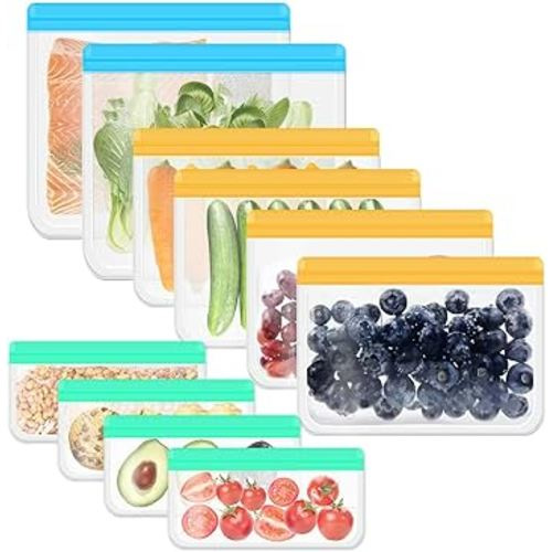 10PCS Food Storage Bags Silicone, Leakproof Reusable Storage Bags, Reusable Snack Bags Silicone for Home Food Storage, Kids School Lunch,Picnic and Travel (Colorful)