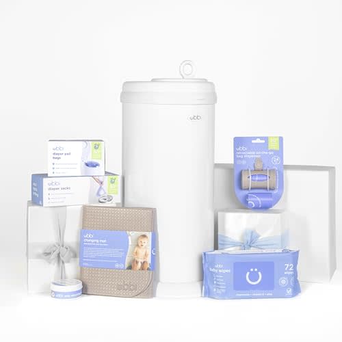 Ubbi Diaper Changing Value Gift Set, Includes White Diaper Pail, Absorbing Gels, Travel Changing Mat, Pail Waste Bags, On-The-Go Waste Sacks & Bag Dispenser, & Baby Wipes, Baby Registry Gift