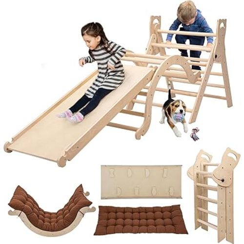 Large Foldable Toddler Climbing Toys Indoor Jungle Gym, Pikler Triangle Set with Cushion, S-lide and Arch, 7-in-1 Montessori Climbing Set(1.5-6yrs)