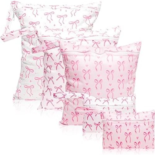 R HORSE 5Pcs Waterproof Baby Diaper Bag, Cute Coquette Pink Bow Wet Dry Bag with Handle Zipper Toiletry Organizing Pouches for Cloth Diapers Swimsuits Travel Beach Pool Essentials for Boys Girls