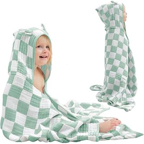 Ultra-Soft Muslin Toddler Hooded Towel - 55 x 28 Inches, Ideal for Bath & Beach, Suitable for Both Boys & Girls from Newborns to Toddlers Green Check