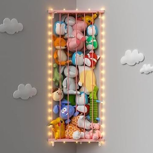 Stuffed Animal Storage Shelf Organizer(Patented) - Corner Stuffed Animal Holder Length Adjustable - Wall Plush Storage for Nursery Playroom Bedroom Kids Room (Pink+Light, Standard)