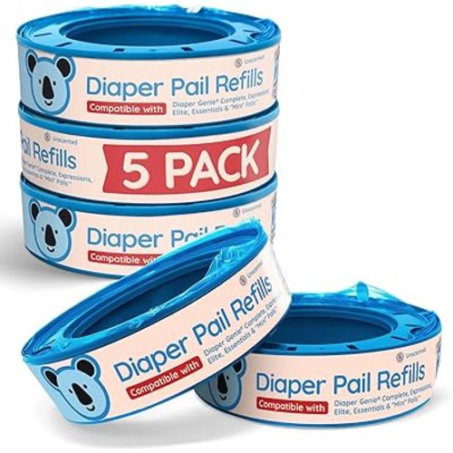 Reli. Diaper Pail Refill Bags, Compatible with Genie Complete, Expressions (5 Pack) | Pail Refills Unscented | Odor Blocking, Strong, Easy Replacement | Holds up to 1,400 Newborn Diapers