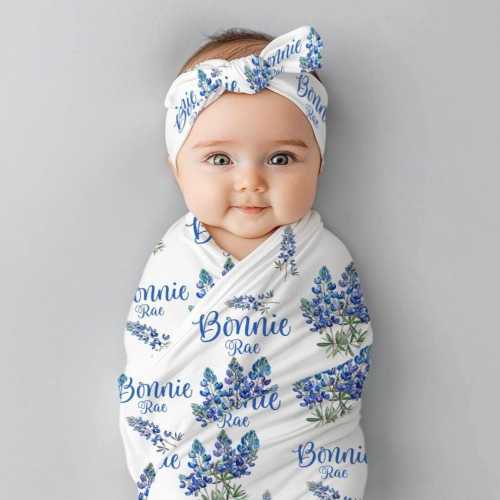 Bluebonnet Flowers Swaddle Set, Bluebonnet Flowers Swaddle, Personalized Baby Blanket, Bluebonnet Blanket, Bluebonnet Baby Shower Gift F121