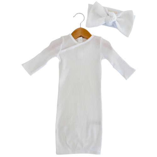 Organic Waffle Gown & Bow Set, Lucent White