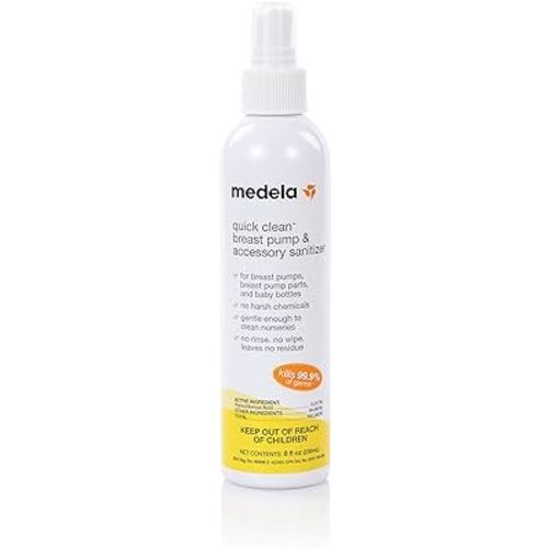 Medela Quick Clean Breast Pump and Accessory Sanitizer Spray Safe No Rinse Breastpump Sterilizer Eliminates 99.9 of Common Bacteria and Germs 8 Fluid Ounces, Clear