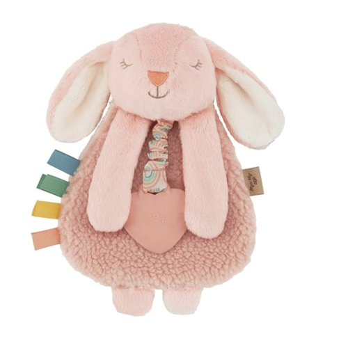 Itzy Ritzy - Itzy Lovey Including Teether - Baby Lovey with Teether, Textured Ribbons & Dangle Arms - Features Crinkle Sound, Sherpa Fabric and Minky Plush (Pink Bunny)