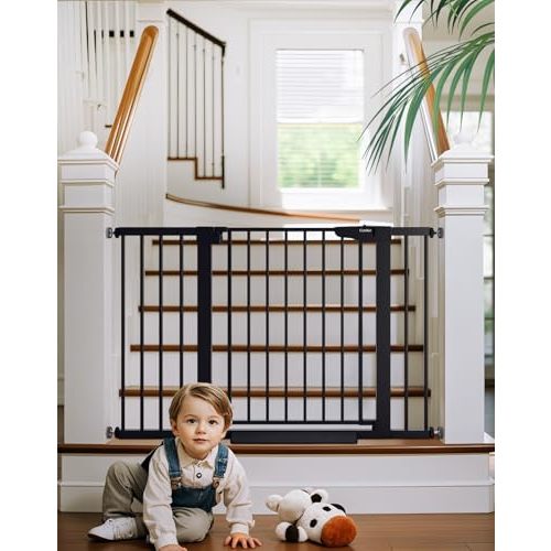 Cumbor 29.7-48" Baby Gate for Stairs, Mom's Choice Awards Winner-Dog Gate for Doorways, Auto Close Safety Pet Gate for Dogs Indoor, Easy Install Pressure Mounted Child Gate with Walk Thru Door, Black
