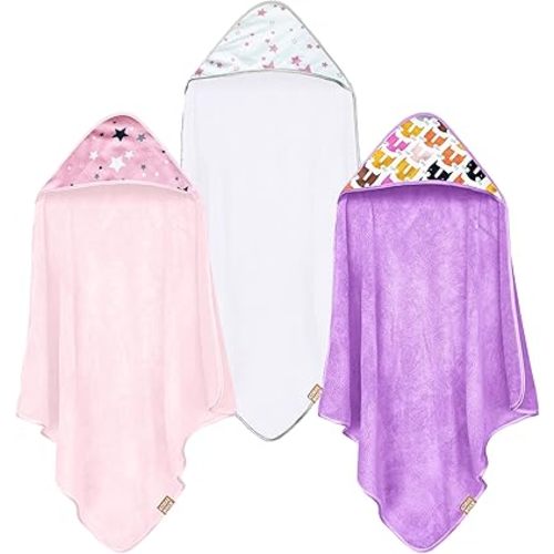 CORAL DOCK 3 Pack Baby Hooded Bath Towel Sets, Ultra Absorbent Baby Essentials Item for Newborn Boy Girl, Baby Bath Shower Towel Gifts for Infant and Toddler - Cute Pink Starry Sky