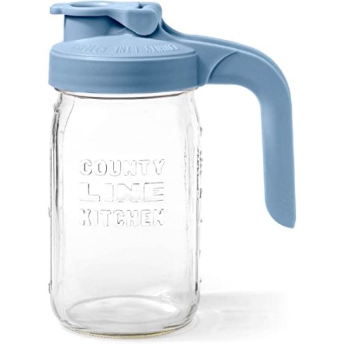 County Line Kitchen Glass Mason Jar Pitcher with Lid - Wide Mouth, 1 Quart (32 oz) - Heavy Duty, Leak Proof - Sun & Iced Tea Pitcher, Cold Brew Coffee, Breast Milk Storage, Water - Sky Blue