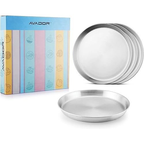 Avador® 18/8 Stainless Steel Products for Dining | Camping | Outdoor BPA Free Dishwasher Safe (Set of 4 Deep Round Plates)