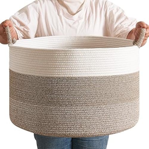 CLHMILY&Z Large Woven Basket - 20x13 Inches - Blanket Hamper for Living Room, Round Storage Bin, XLarge Laundry Organizer for Clothes, for Tree Plant, Mix Brown