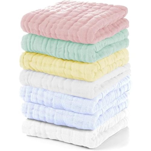 Muslin Baby Washcloths Pack of 7 - Soft Face Cloths for Newborn, Absorbent Baby Bath and Face Towels, 100% Cotton Baby Wipes, Burp Cloths, Feeding Towels for Babies and Infants - 10 x 10’’
