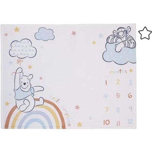 Disney Winnie The Pooh Multi Rainbow & White Super Soft Milestone Baby Blanket, Light Blue, White, Orange, Yellow