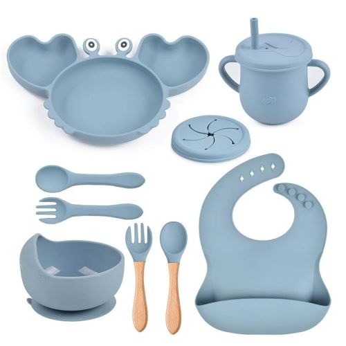 Silicone Baby feeding set |10 Pcs Premium BPA-Free,Baby Lid Weaning Supplies with Suction plate and Bowl Set,Toddler self feeding Utensils with Spoons,Forks,Bib,Cup|Baby feeding essentials for6+Months