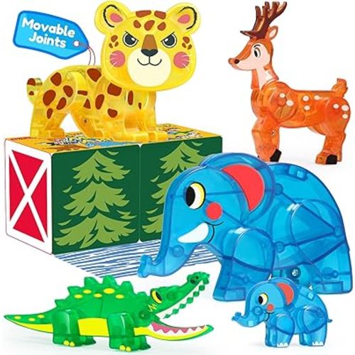 Oriate Jungle Animal Toys for Magnetic Tiles, 5pcs Movable Joints Forest Magnetic Animals for Magnet Building Tiles, Educational Zoo Animals Compatible with Kids Magnetic Blocks