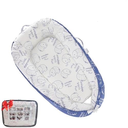 Baby Lounger for Newborn (0-24 Months) - 100% Cotton Baby Nest with Handles, 2-in-1 Play Mat & Diaper Changing Pad, Portable for Home & Travel, Infant Essentials Gifts (Elephant Blue)