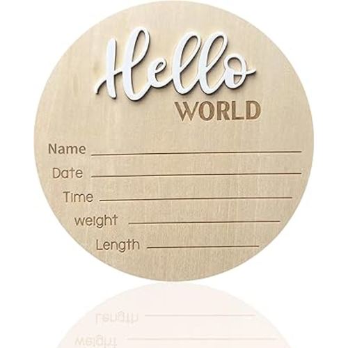 Baby Announcement Sign, 5.9 Inch Wooden Hello World Newborn Signs, Birth Announcement Sign, Baby Shower Hospital Nursery for Newborn Boys and Girls (White)