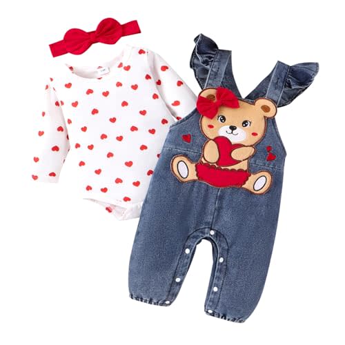 TOKIAGO Baby Girl Clothes Outfits Fall Winter Cute Love Romper Bear Cartoon Overalls Jeans Pants Headband Set 0-18 Months