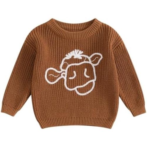 Toddler Boy Girl Western Sweaters Infant Baby Cute Highland Cow Embroidery Jumper Long Sleeve Knitted Pullover Tops