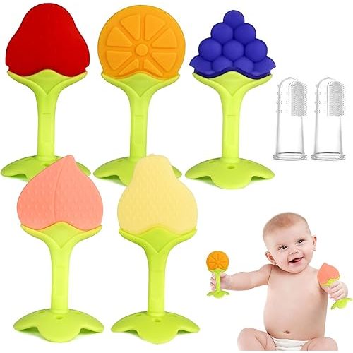 Chuya 5Pack Silicone Baby Teether Toys, Chew Straws Toy for 3-6 Months 6-12 Months Babies Molars, Teething Gel,Easy to Clean