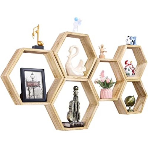 Hexagon Shelves for Wall Hexagonal Floating Shelves Wall Mounted Set of 6 Farmhouse Storage Wall Shelves Honeycomb Wooden Shelves Hanging Geometric Floating Shelf for Nursery Bedroom Living Room