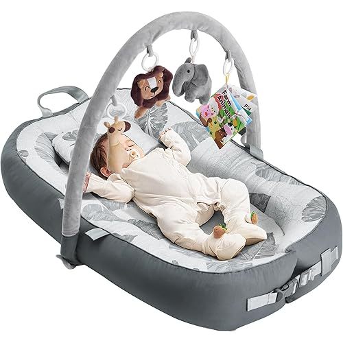 Portable Baby Lounger with 4 Toys,Infant Lounger with Fitness Rack 0-24 Months,Co Sleeping Breathable & Soft 100% Cotton Newborn Lounger Machine-Washable (Baby Lounger with Fitness Rack)