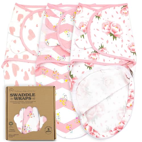 Bublo Baby Swaddle Sleep Sack with Zipper - Swaddles for Newborns - 3 Pack Organic Baby Swaddles for 0-3 Months - Infant Sleeping Swaddle Sack – Adjustable Swaddle Blanket Wrap Girl, Pink Floral