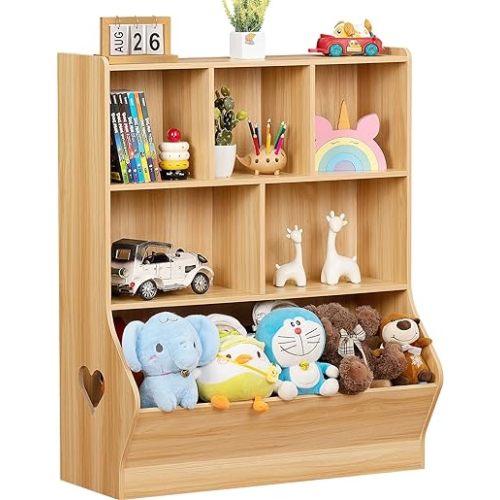 Lerliuo Kids Toy Storage Organizer, 3 Tier Children Small Bookcase and Bookshelf, Toddler 7 Cubby Toy Storage Cabinet, Toy Shelf for Playroom, Bedroom, Living Room, Nursery, School 29.53'' H (Natural)