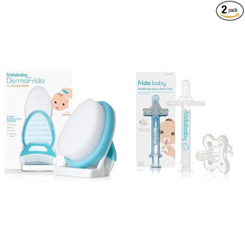 Frida Baby The 3-Step Cradle Cap System, DermaFrida The FlakeFixer, Sponge, Brush, Comb and Storage Stand + Frida Baby Medicine Pacifier, Medicine Syringe & Accu-Dose Pacifier