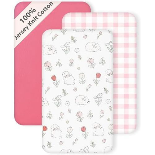 3 Pack Cotton Bassinet Sheets - 35"x19" for Newton, Ezebaby, Evolur Stellar, AMKE 3 in 1 Bedside Sleeper, Ultra Soft & Skin Friendly Bassinet Fitted Sheets, Pink Flower