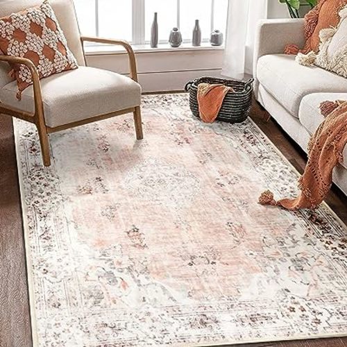 MUJOO Boho Rug 4'x6.5' Area Rugs for Bedroom Living Room Dining Room Pink Small Rugs Machine Washable Non Slip Carpet for Office Dorm Bedside Kitchen Laundry Room Floral