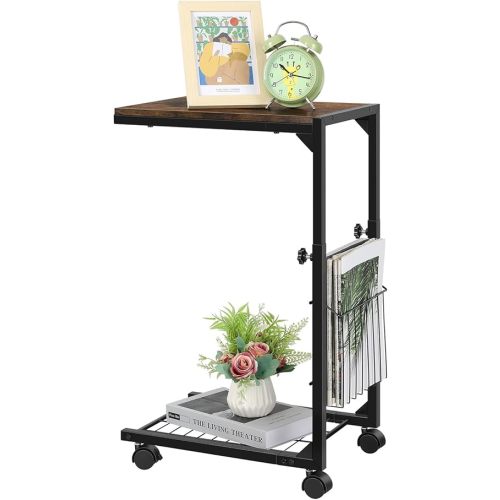 C Shaped Side Table with Wheels End Table for Small Spaces C Table Adjustable Height Couch Sofa Laptop Snack Tables That Slide Under for Living Room Bedroom, Rustic Brown