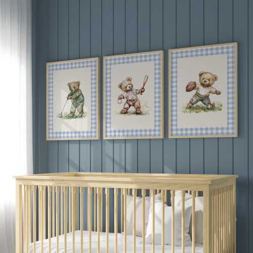 Sport nursery set, Boy nursery wall art sport, Vintage boy nursery, Teddy Bear Golf Print Nursery, Gingham, Blue,baseball nursery decoration