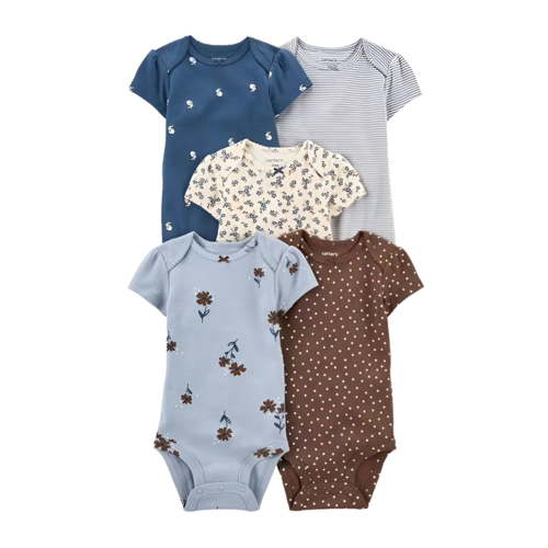 TOOYOU 5 Pack Baby Girl Bodysuits Summer New Short Sleeve Round Neck Button Triangle Romper Leisure Playsuit Size 6-9 Month Coffee