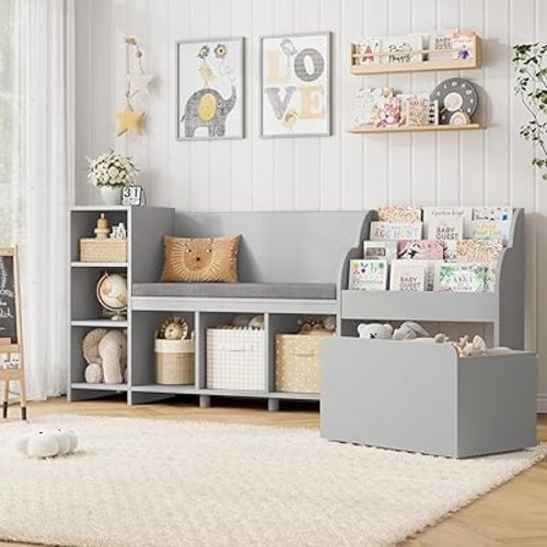 HOSTACK 67" Kids Reading Nook with Bench, Kids Bookshelf and Bookcase with Seat Cushion and 6 Storage Cubbies, Toy Storage Box on Wheels, Toy Chest for Playroom, Bedroom, School, Grey